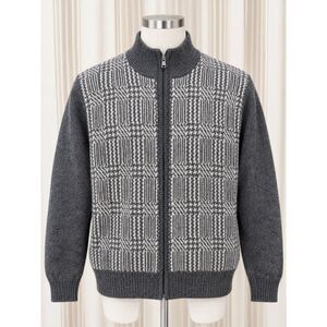 Men’s Wool Zip Sweater Large Gray Geometric Grandpa Cardigan 170